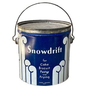 Vintage Shortening Tin Bucket With Lid and Handle Snowdrift Blue and White